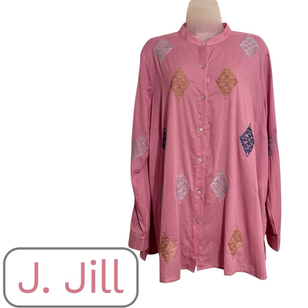 ❤️J. Jill Button-Up w/Embroidery Cotton Shirt LARGE #CL - Picture 1 of 11